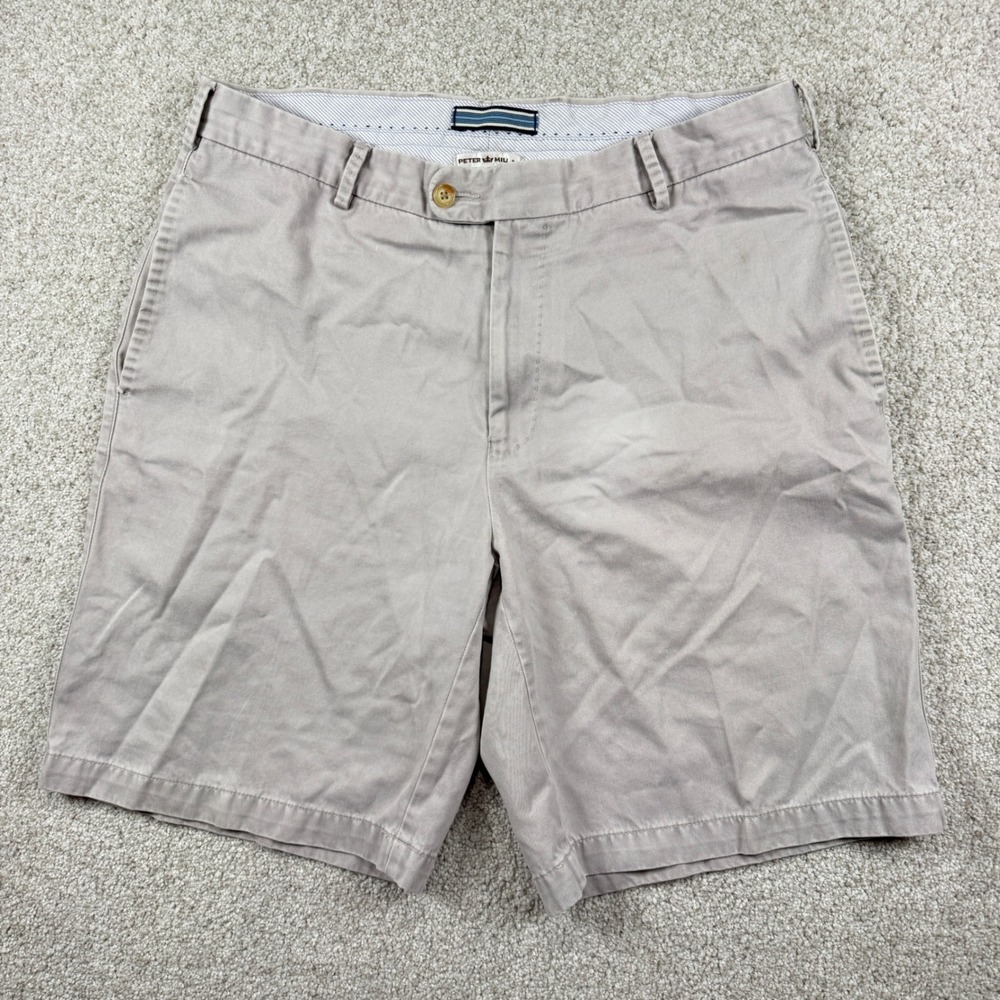 Peter Millar Shorts Men 34 Tan Khaki Chino Cotton Twill Flat Front Casual